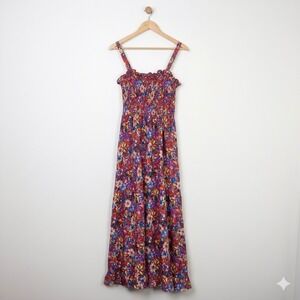 BOG Collective Floral Smocked Maxi Dress Red Blue Small Strappy Spring Casual